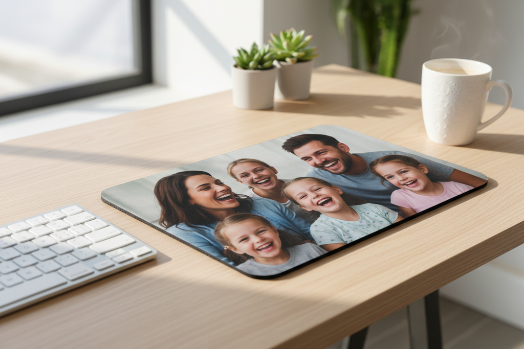 Custom photo mouse pad on modern desk with keyboard and coffee mug