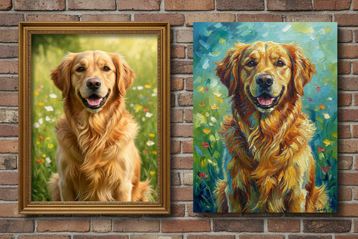 Golden retriever photo to oil painting canvas portrait transformation