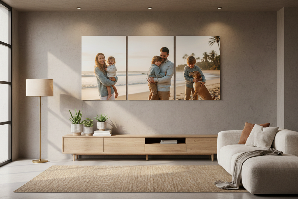 3-panel custom photo wall display in living room with family portrait