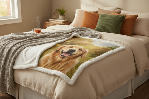 Sherpa fleece custom photo blanket on bed with pet portrait