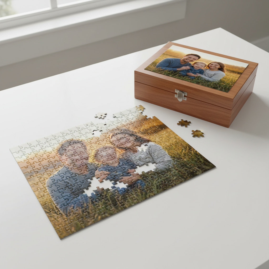 Custom Photo Puzzle displayed with keepsake box