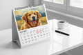 Custom photo spiral calendar open on desk showing pet portrait