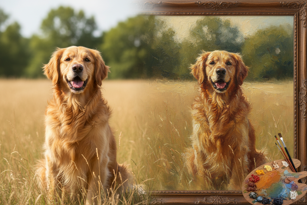 Dog photo transformed into oil painting canvas portrait - before and after