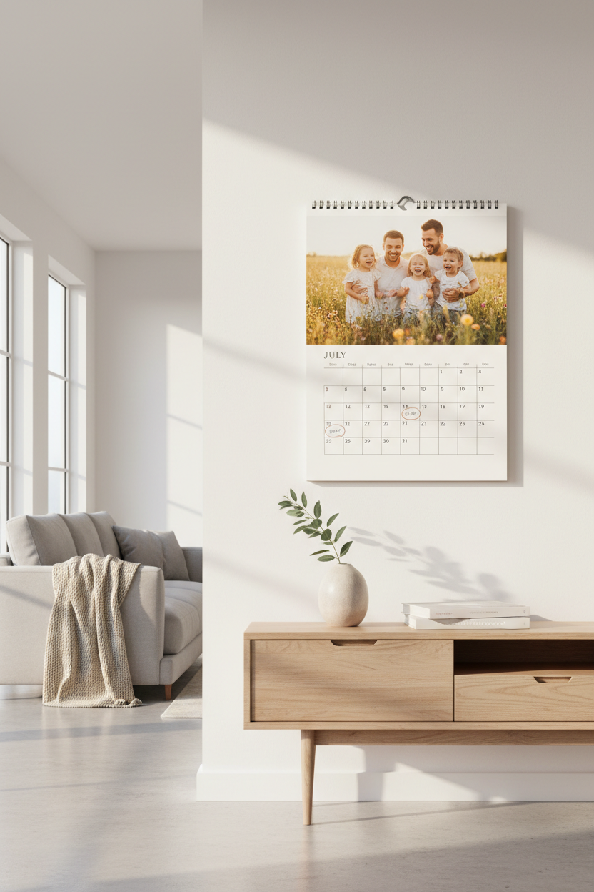 Custom photo wall calendar hanging on wall showing family portrait