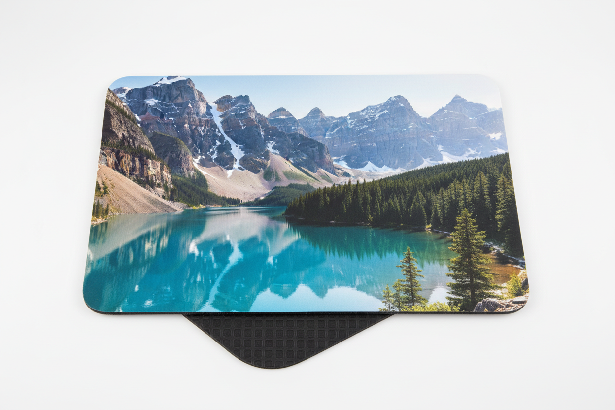 Close-up of custom photo mouse pad showing vibrant print and non-slip base