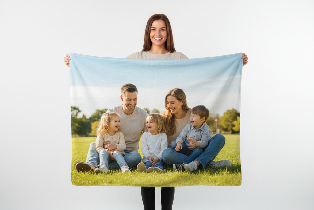Plush fleece custom photo blanket held up showing family photo