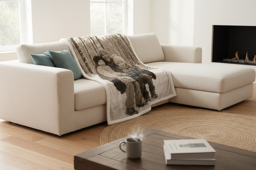 Custom fleece photo blanket draped over sofa with family portrait