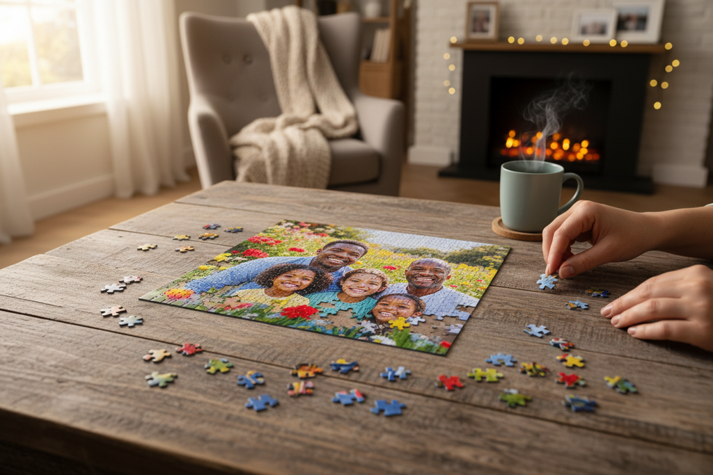 Custom photo jigsaw puzzle partially assembled on wooden table