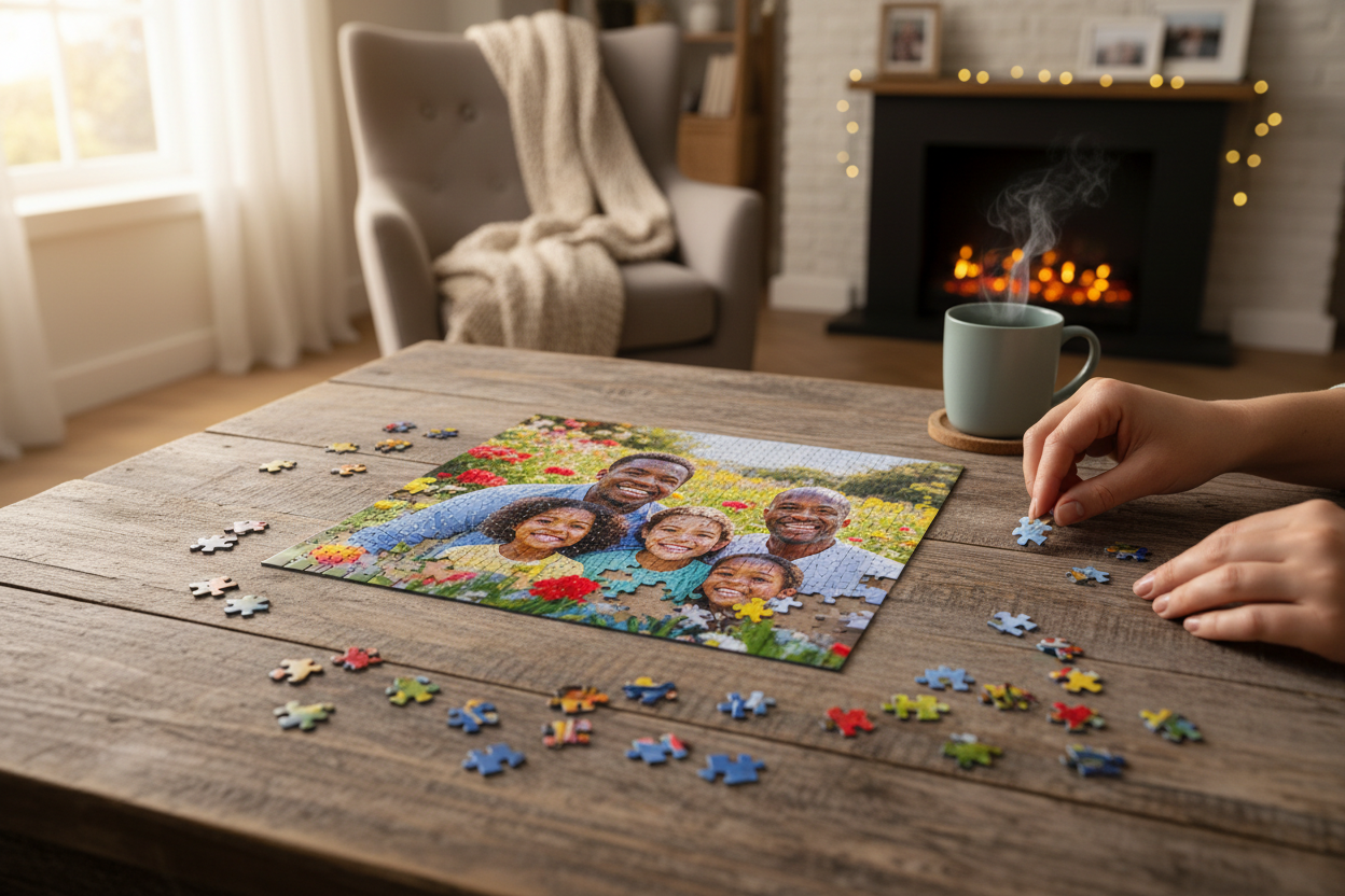 Custom photo jigsaw puzzle partially assembled on wooden table