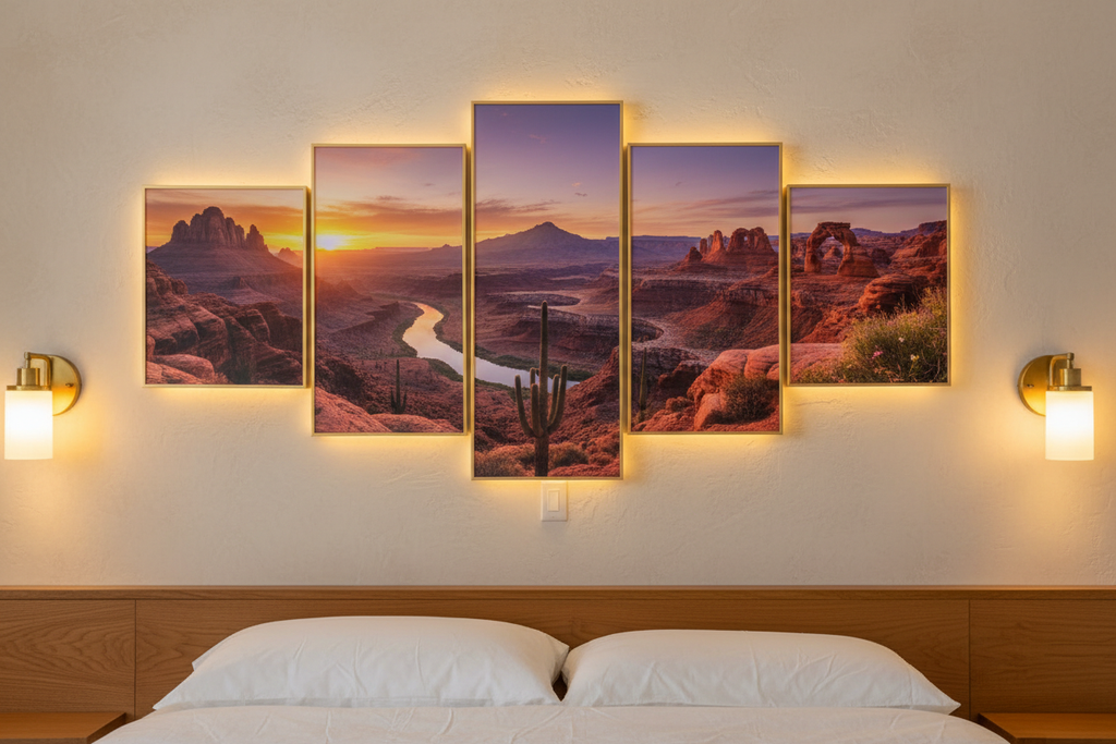 5-panel custom photo wall display in bedroom with landscape portrait